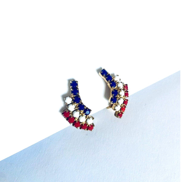 VTG Gold American Flag Rhinestone Earrings - Picture 2 of 5